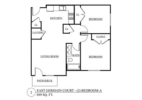 Floor plan for 2 beds, 1 bath, 900 sqft